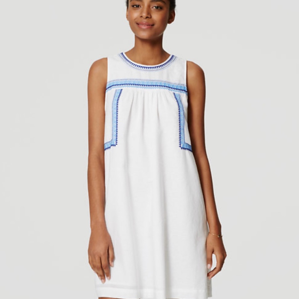 Loft Embroidered Swing Dress White & Purple Size Small Petite